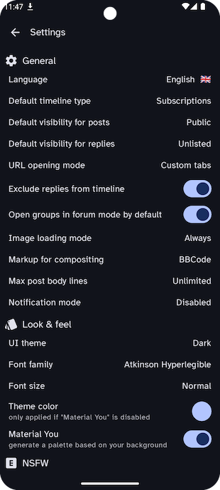 settings screen, part 1