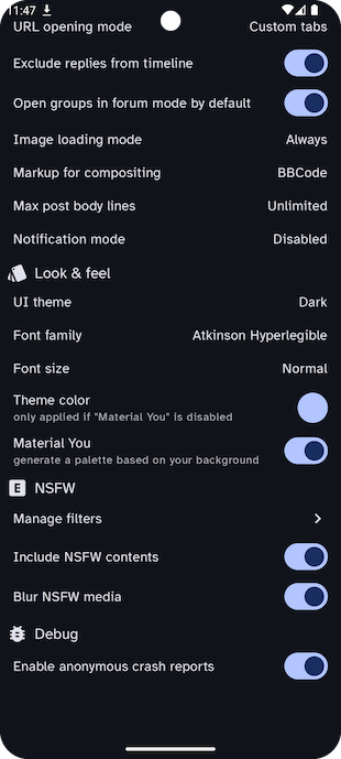 settings screen, part 2